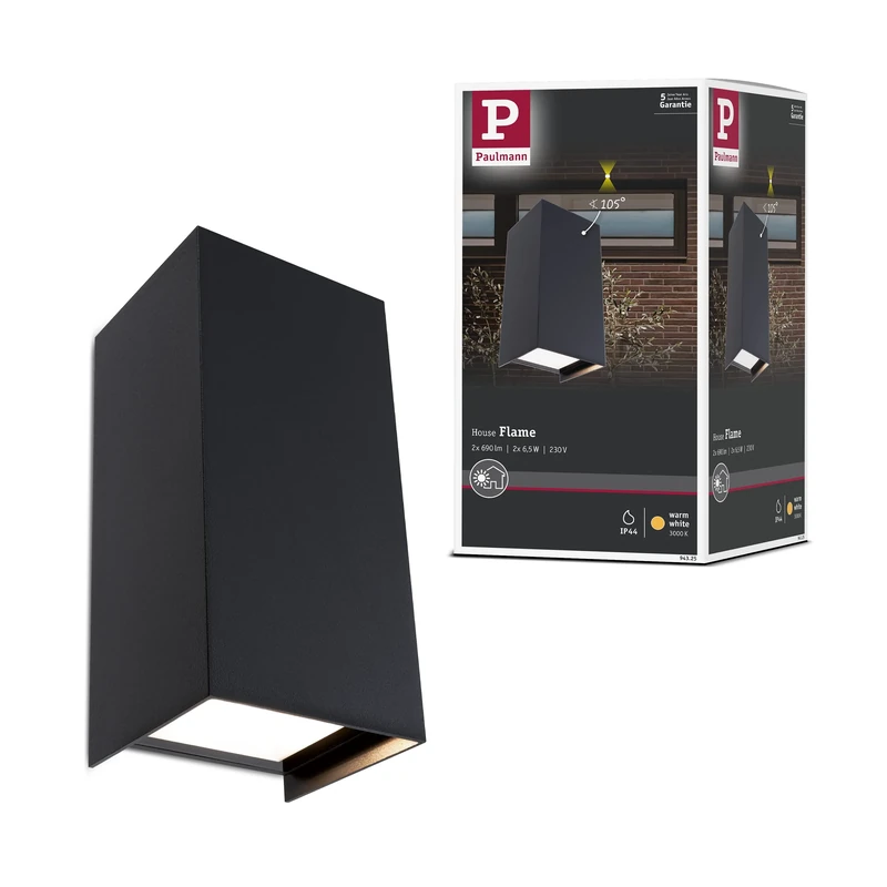 Paulmann 94325 LED Exterior luminaire 2-Piece Set Exterior Wall luminaire Flame IP44 Warm White Rectangular incl. 2x5.8 watt Outdoor Lighting Anthracite Outdoor lamp Aluminium Garden lamp 3000 K