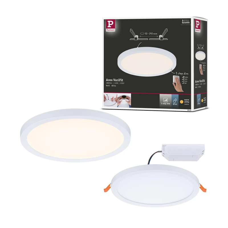 Paulmann 93049 Areo VariFit LED Panel recessed luminaire IP44 3-Step dim 175mm Round incl. 1x13W dimmable White Plastic 3000K