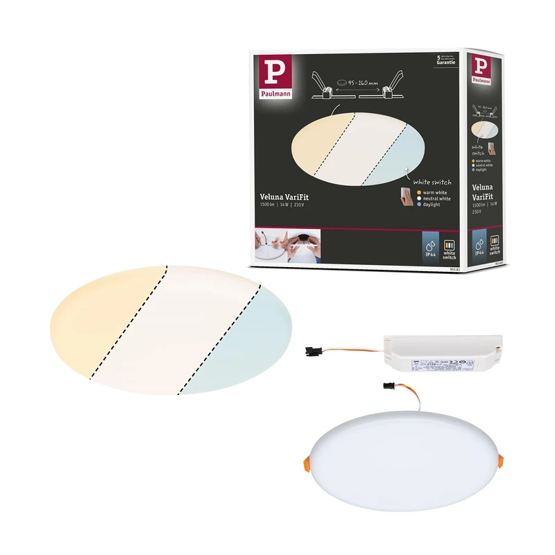Paulmann 95381 Veluna VariFit LED Panel recessed luminaire IP44 White Switch 185mm Round incl. 1x14W Ceiling luminaire Transparent Plastic 3000K