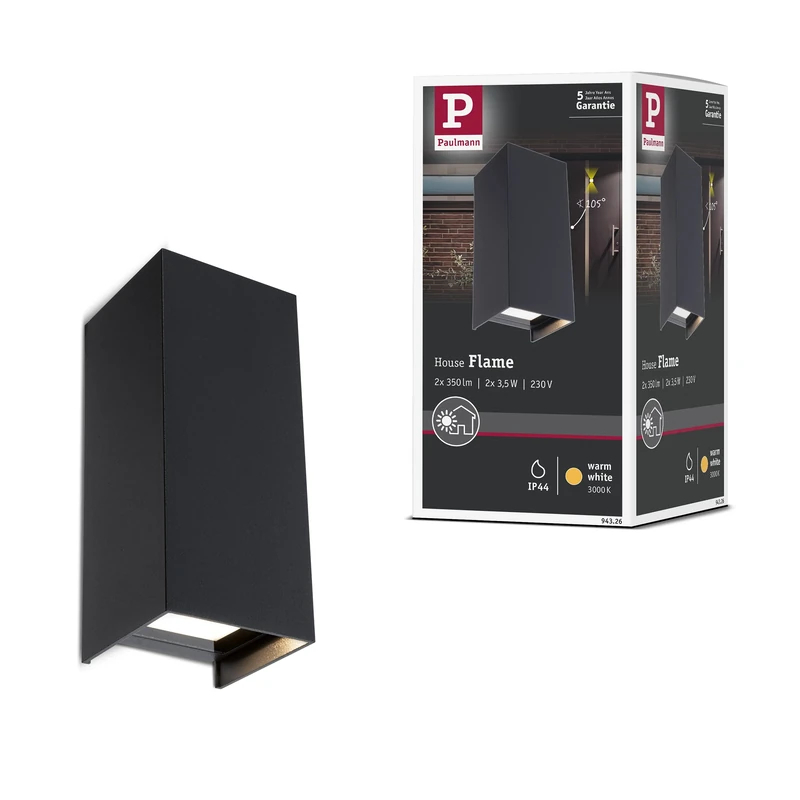 Paulmann 94326 Flame LED Outdoor luminaire Outdoor Wall luminaire Set of 2 IP44 Rectangular incl. 2x2.8 watt Anthracite Aluminium 3000 K