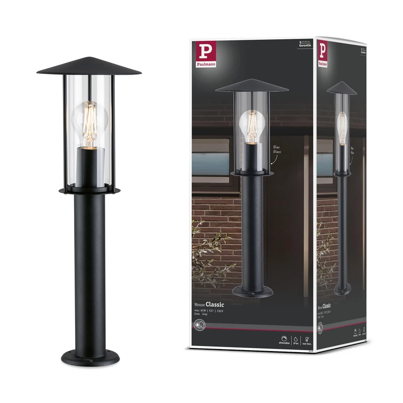 Paulmann 94397 Exterior luminaire Bollard Light Classic IP44 dimmable Outdoor Lighting Dark Grey Outdoor lamp Metal, Glass Garden lamp E27