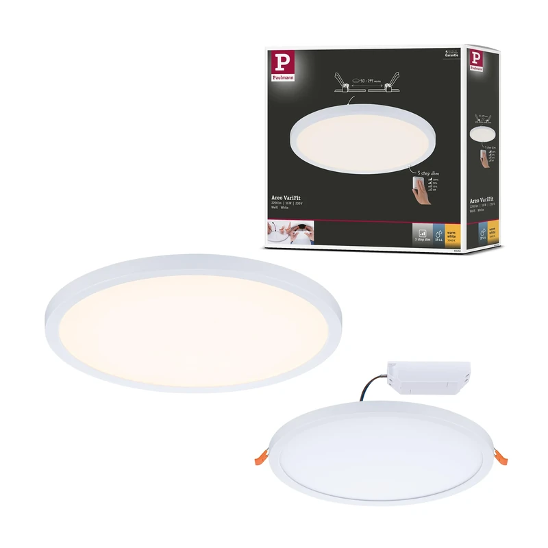 Paulmann 93050 Areo VariFit LED Panel recessed luminaire IP44 3-Step dim 230mm Round incl. 1x16W dimmable White Plastic 3000K