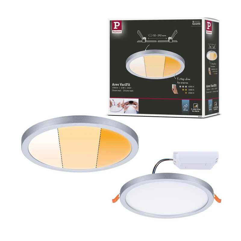 Paulmann 92991 Areo VariFit LED Panel recessed luminaire IP44 3-Step dim 175mm Round incl. 1x13W dimmable Chrome matt Plastic 2000K