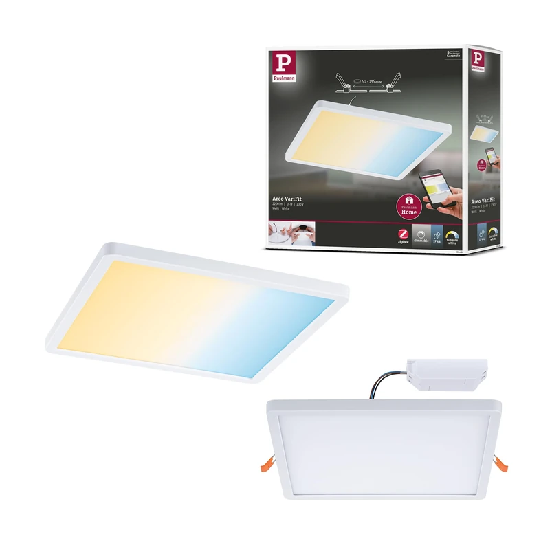 Paulmann 93048 Areo VariFit LED Panel recessed luminaire IP44 Zigbee Tunable White 230x230mm Rectangular incl. 1x16W dimmable White Plastic 3000K