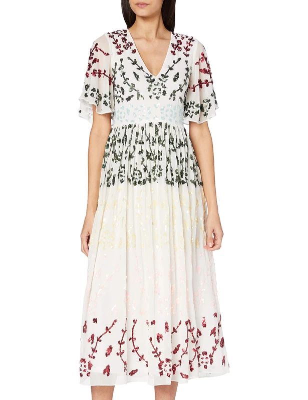 Frock and Frill Women's Embellished midi Dress Cocktail, White, 8