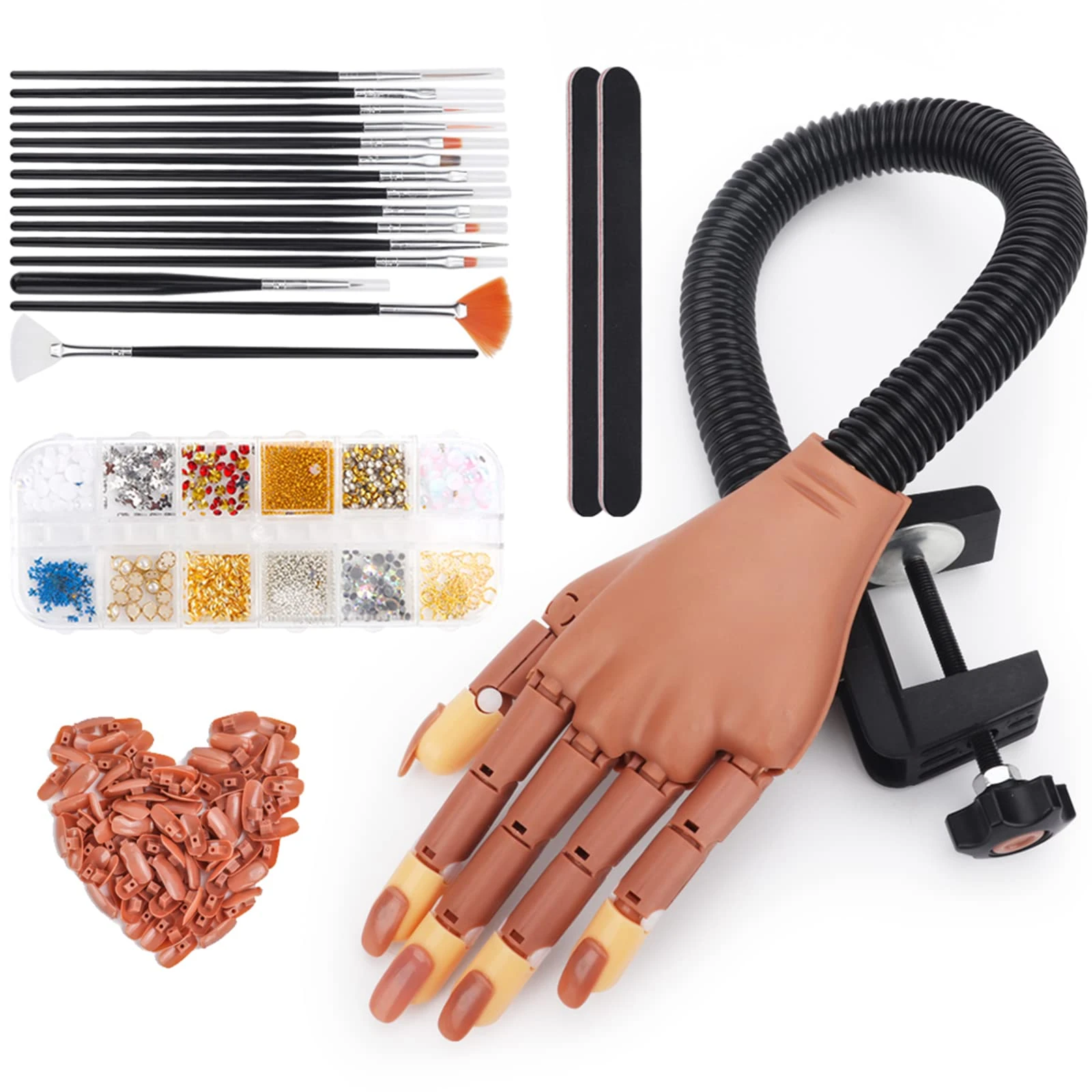 Deciniee Practice Hand for Acrylic Nails, 100 Pcs Nail Tips Flexible Training Hand Professional Nail Art Hand Tools with Painted Pen Rhinestone Decoration Adjustable Finger Nails for DIY Manicure