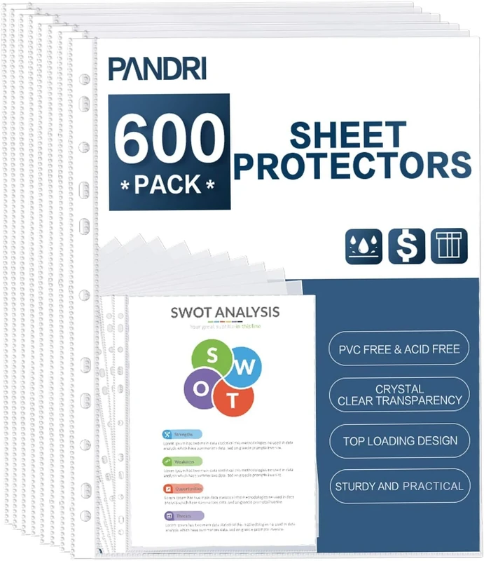 Sheet Protectors, PANDRI 600 Pack Clear Heavy Duty Plastic Page Protectors Sheet Reinforced 11-Hole Fit for 3 Ring Binder Fits Standard 8.5 x 11 Paper, 9.25 x 11.25 Top Loaded, Acid Free¡