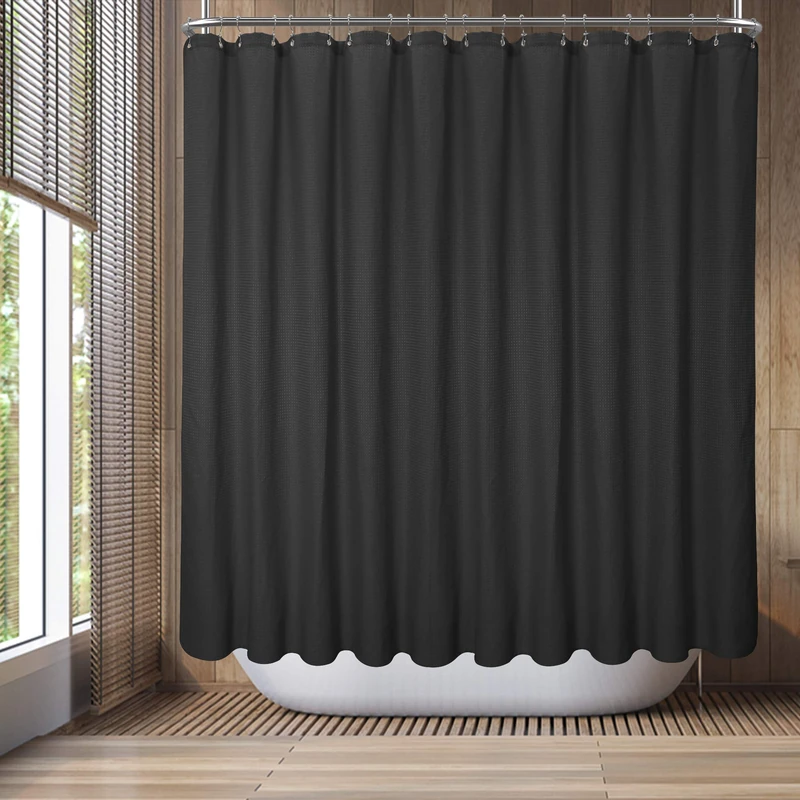 Barossa Design Shower Curtain for Freestanding Bathtubs (All-Around Design), Waffle Texture, Heavy Fabric Against Puffing, Washable, Water-Repellent, with 36 Stainless Steel Hooks, Black, 457.2 ×