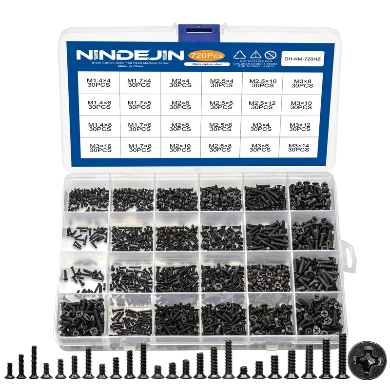 NINDEJIN 720pcs Carbon Steel Laptop Notebook Computer Screws Kit Set, Flat Head Phillips Screw Assortments, M1.4/1.7/2/2.5/3 Countersunk ssd Screws Accessories for SSD Toshiba DELL Sony Samsung
