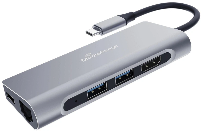 MediaRange USB Type-C® 7 in 1 Multiport Adapter, Silver - Image 1