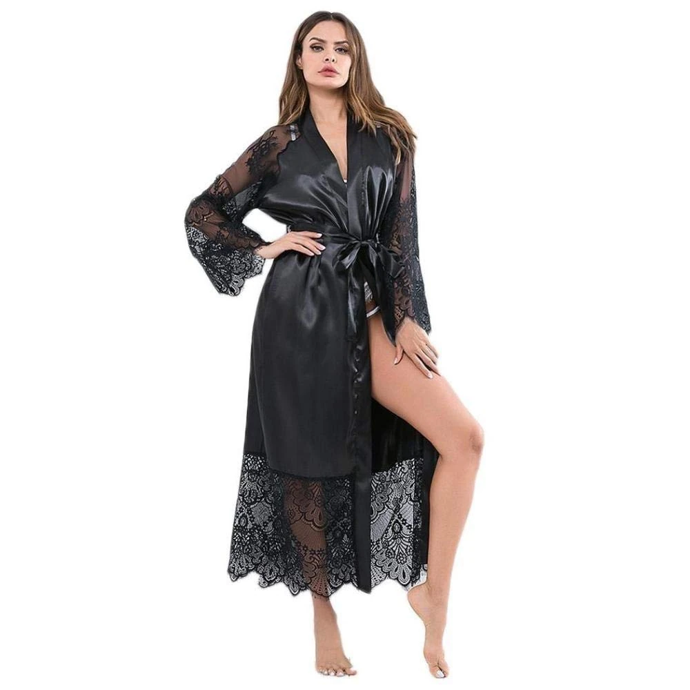 adqw Women's Erotic Baby Dolls Women Sexy Lingerie Robe Lace Patchwork Long Sleeve Loose Kimono Bathrobe V-Neck Babydoll Chemises Female Temptation Nightgown-Black_S