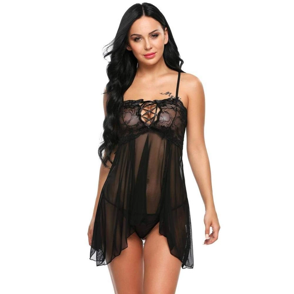 adqw Women's Erotic Baby Dolls Women Summer Sexy Lingerie Erotic Babydoll Lace Patchwork Sexy Underwear Plus Size Nightdress Nightwear-Black_XL