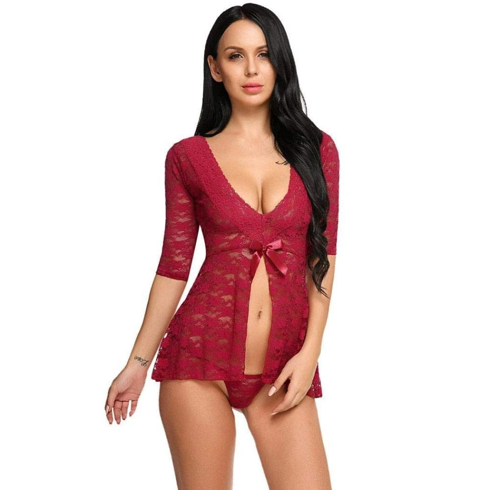 Women's Erotic Baby Dolls Plus Size Women Sexy Lingerie Erotic Lace Babydoll Sexy Underwear Deep V-Neck Open Front Nightwear Sleepwear-Red_S