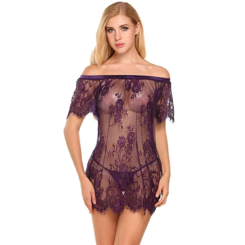 Women's Baby Dolls Women Sexy Underwear Clothes See Through Lace Sexy Lingerie Babydoll Chemise Plus Size Nightdress Sleepwear Homewear-Purple_S