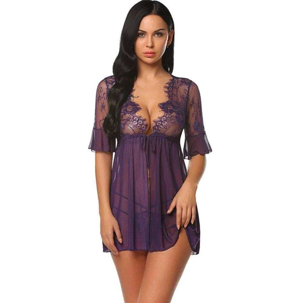 adqw Women's Baby Dolls Women Sexy Lingerie Lace Sex Underwear Dress Plus Size Babydoll Chemise Porno Summer Erotic Lingerie Sexy Costumes-Purple_XL