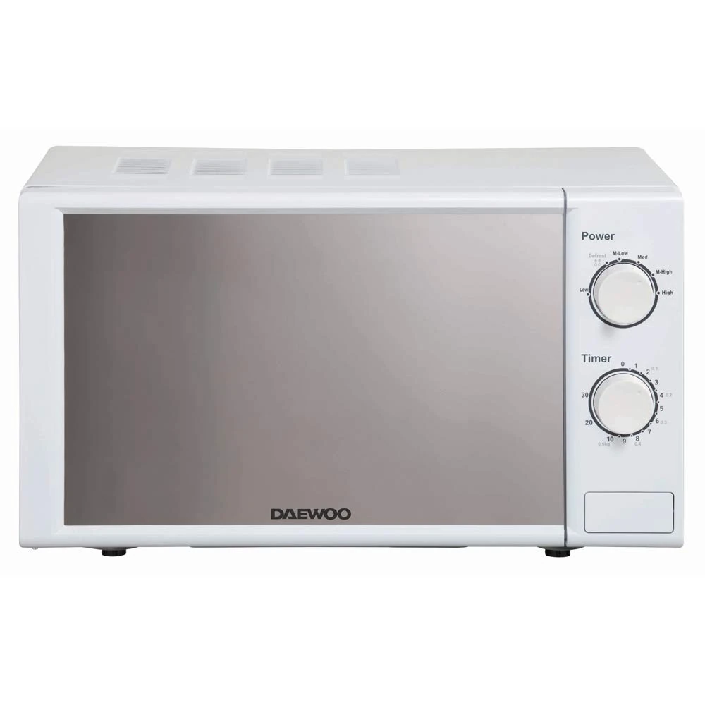 Daewoo 800W, 20L Microwave | 6 Power Levels | Manual Timer | Dial Controls | Auto Defrost Function | Glass Turntable |-Mirror Finish