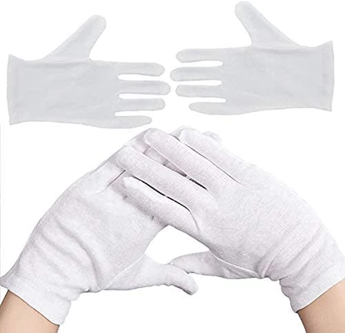 JKG® 2 Pairs x Dermatological White 100% Cotton Gloves - Thickened Stretchable Lining | Medium Large 1 Size Fits All | Guard, Parade, Jewellery, Film Photo, Coin Inspection, Hand Spa Gloves