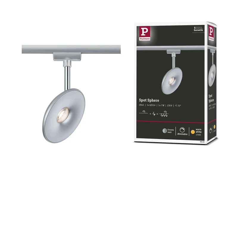 Paulmann 96936 Sphere URail LED Individual spot 493lm 7W 2700K dimmable 230V Chrome matt, Chrome Rail System