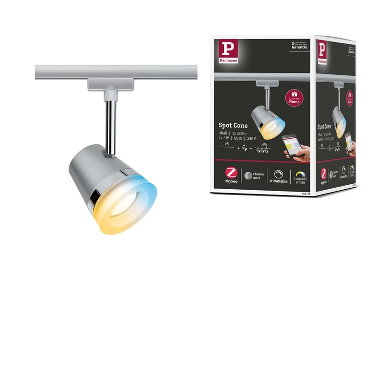Paulmann 95526 Cone URail Smart Home Zigbee 3.0 Individual spot with Tunable White lamp GU10 330lm 5W Tunable White dimmable 230V Chrome matt, Chrome Rail System