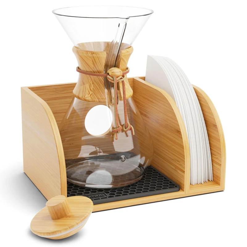 HEXNUB – Caddy and Lid for Chemex and Pour Over Coffee Maker, Bamboo Stand with Filter Holder, Fits Chemex Coffee Maker, Bodum, Cosori, Includes Heatproof Mat - Black