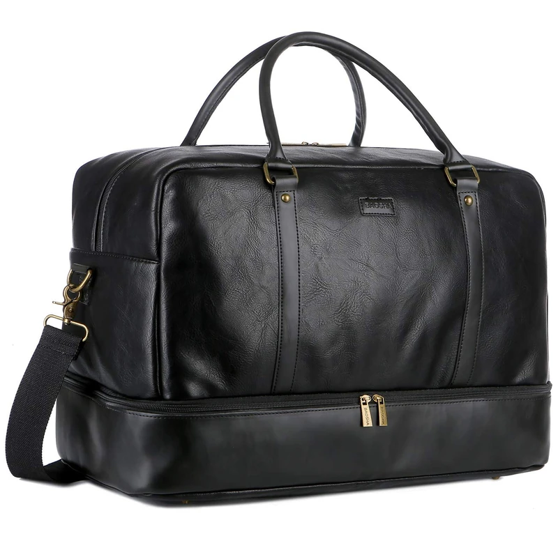 BAOSHA Leather Large Travel Duffel Tote Bag Carry On Weekender Overnight Bag with Shoe Compartment HB-38 (Black) - Image 1