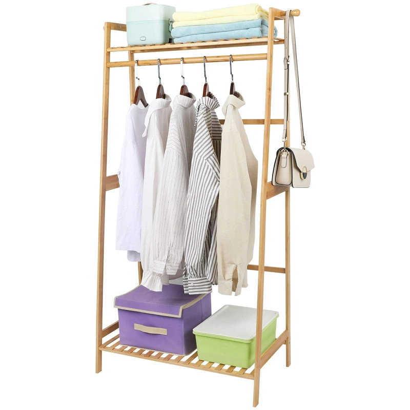 Ufine Bamboo Clothes Hanging Rack with 2 Tier Storage Shelves and 2 Coat Hooks Portable Laundry Rack Cloest Organizer Garment Rack for Bedroom Guest Room