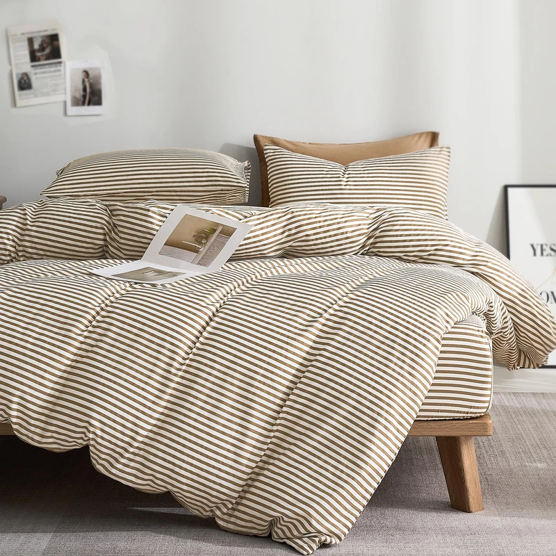 JELLYMONI 100% Natural Cotton 3pcs Striped Duvet Cover Sets,White with Khaki Stripes Pattern Printed Comforter Cover,with Zipper Closure & Corner Ties(King Size)