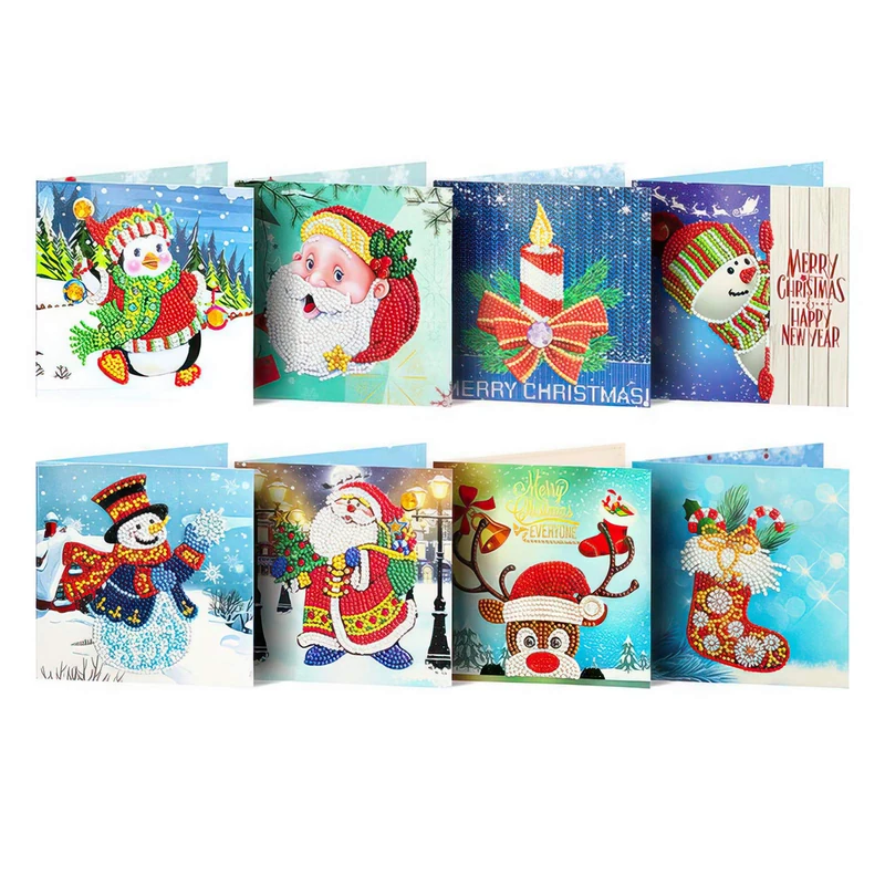 iFCOW 8 Pcs Christmas 5D DIY Diamond Painting Greeting Cards for Friends and Family Holiday