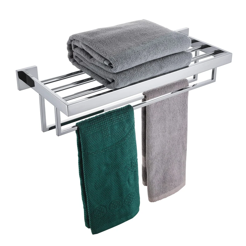 KOKOSIRI 24'' Bathroom Towel Shelf Chrome Towel Rack with Two Bath Towel Rails SUS304 Stainless Steel Wall Mounted, Polished Finish, B6003CH