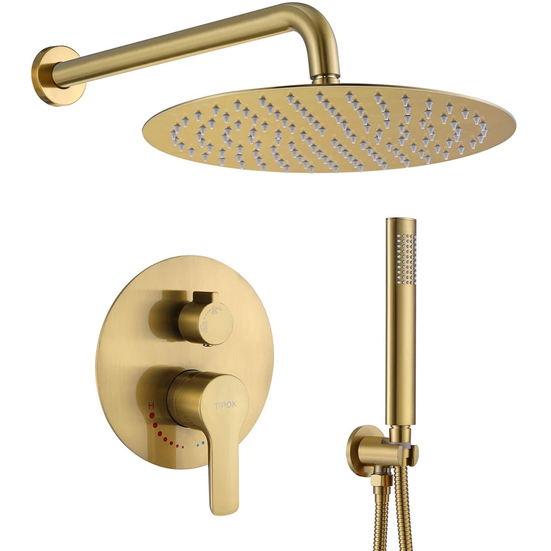 Shower System, Shower Faucet Set Complete Rain Shower Head with Handheld Shower, Bathroom Wall Mounted Rain Shower Fixture with Handheld Kit (Round Gold Shower + Rough Valve)