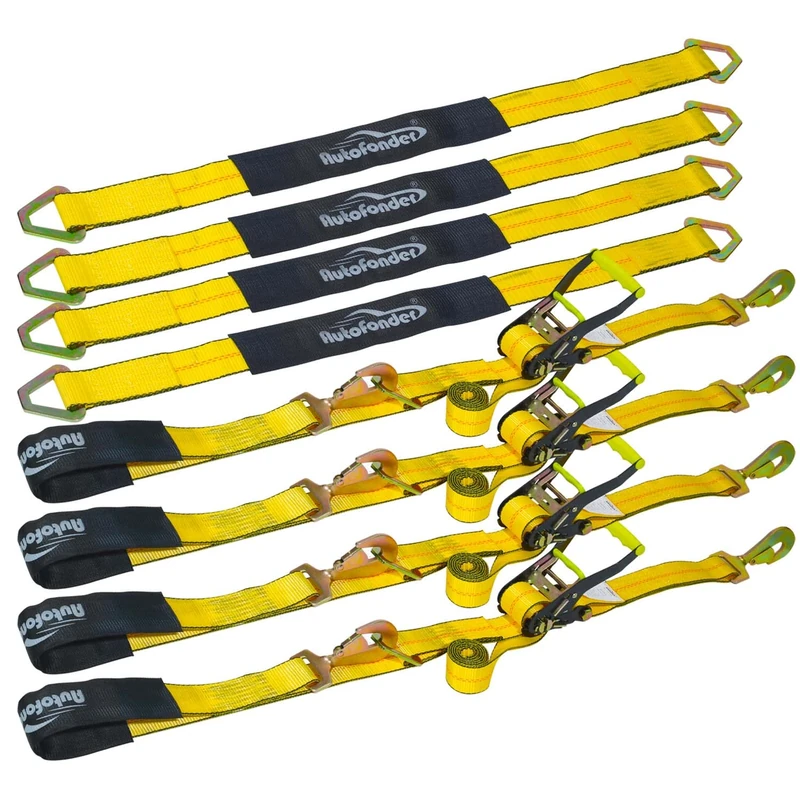 Autofonder 4 Pack 2” Heavy Duty Car Ratchet Tie Down Kit with Snap Hooks-Break Strength 10,000lbs-Working Load 3,333lbs-Includes 36” Axle Straps with D-Ring(Yellow)
