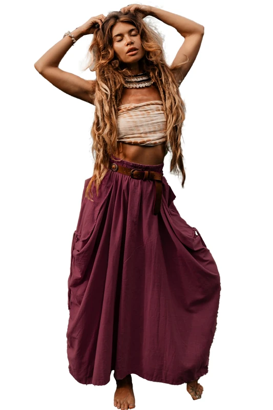 Thaluta Women's Maxi Boho Skirt with Pockets Bohemian Organic Cotton Hippie Gypsy, Red, One Size - Image 1