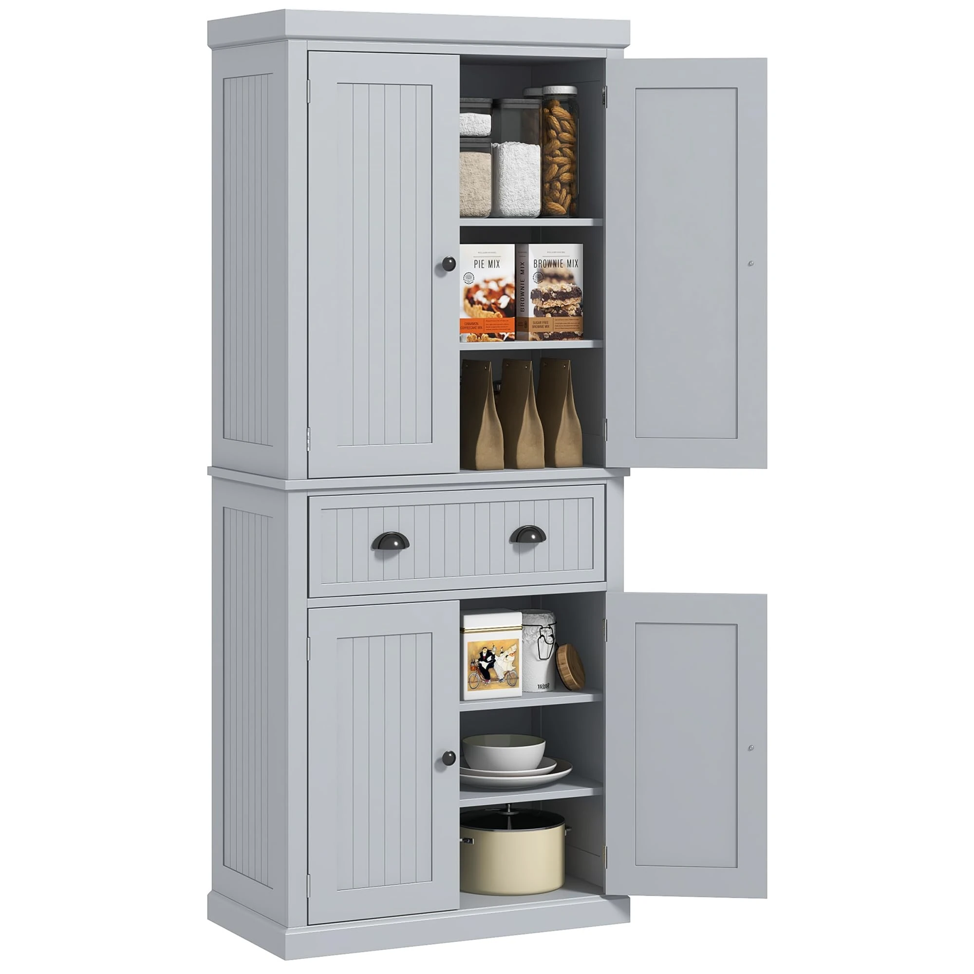 HOMCOM 183cm Freestanding Kitchen Cupboard, Tall Storage Cabinet with 4 Doors and 3 Adjustable Shelves, Traditional Kitchen Pantry Cupboard for Dining Room, Grey