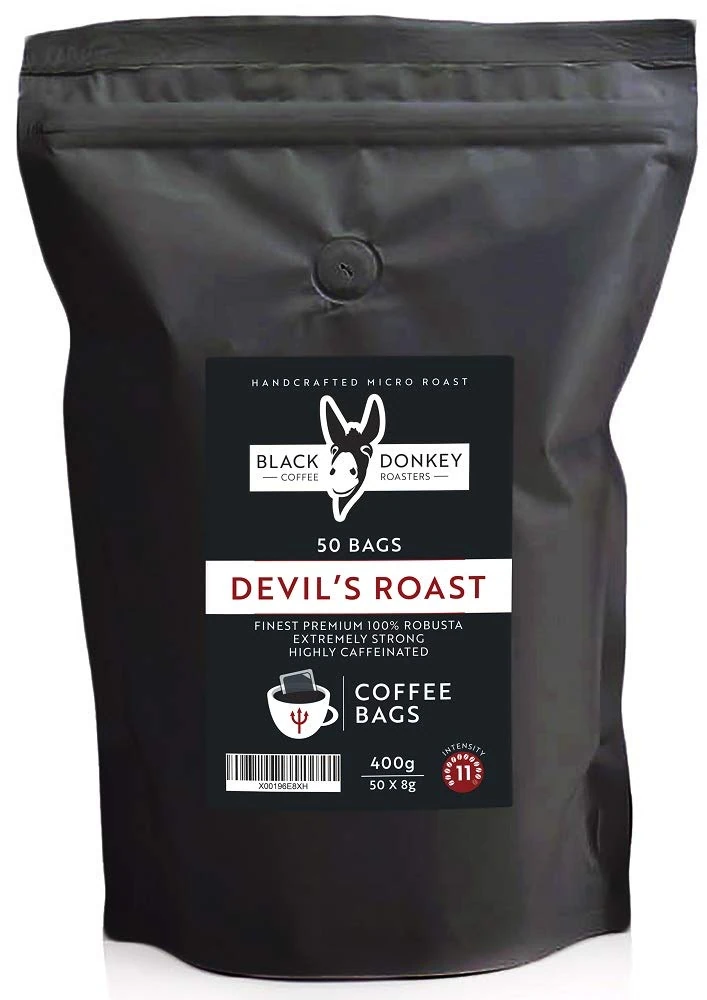 Devil's Roast | Extra-Strong Highly Caffeinated Bold Coffee | 50 Coffee Bags | Premium Robusta by Black Donkey