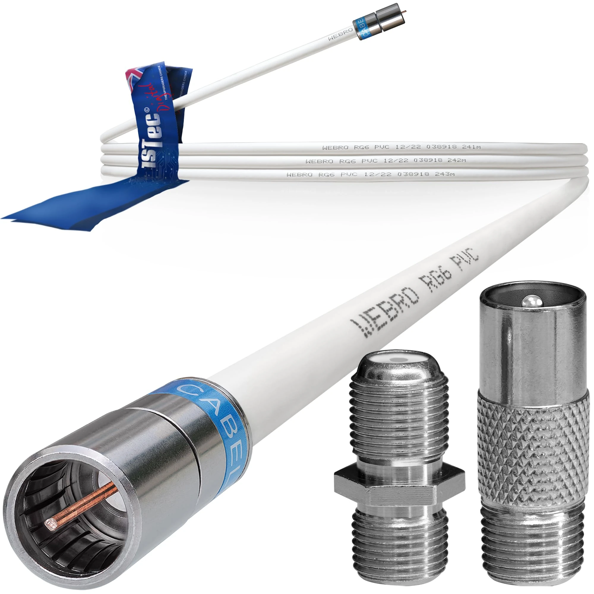 1STec 1m White Virgin Media Quick Fit Male Push On or Over Female F-connector Technetix Isolator IEC Webro Extension Cable for V6 TIVO Set Top Box VIVID Fibre Super Hub Broadband Modems to 1 Metre