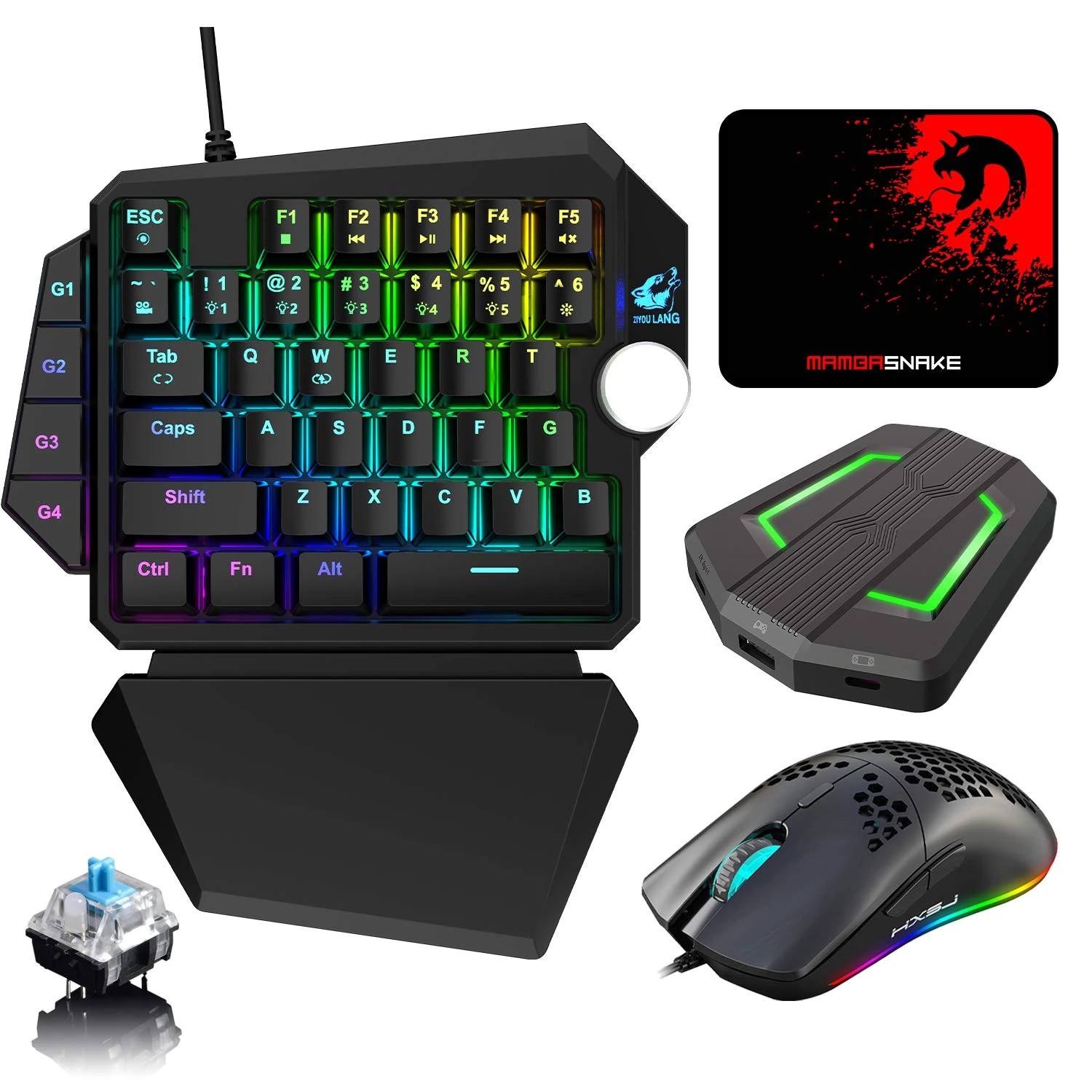 RGB Gaming Keyboard Mouse Combo,Upgrade Knob USB Wired Gaming Keypad Detachable Wrist Rest +Programmable Gaming Mouse+LED Backlit Converter for Nintendo Switch/Xbox One/PS4/PS3/PC+Mouse Pad (Black)