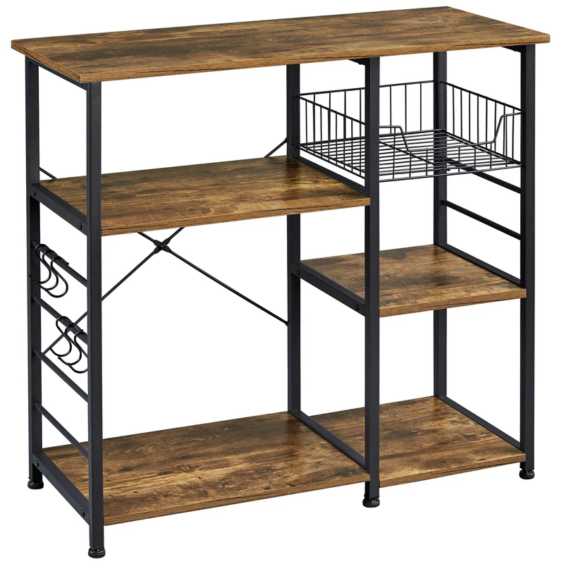 Yaheetech Baker's Rack Industrial Kitchen Island Microwave Storage Rack with Metal Mesh Basket Shelves and 6 Hooks, 90X39X84cm, Standing Coffee Bar Table Metal Frame - Image 1