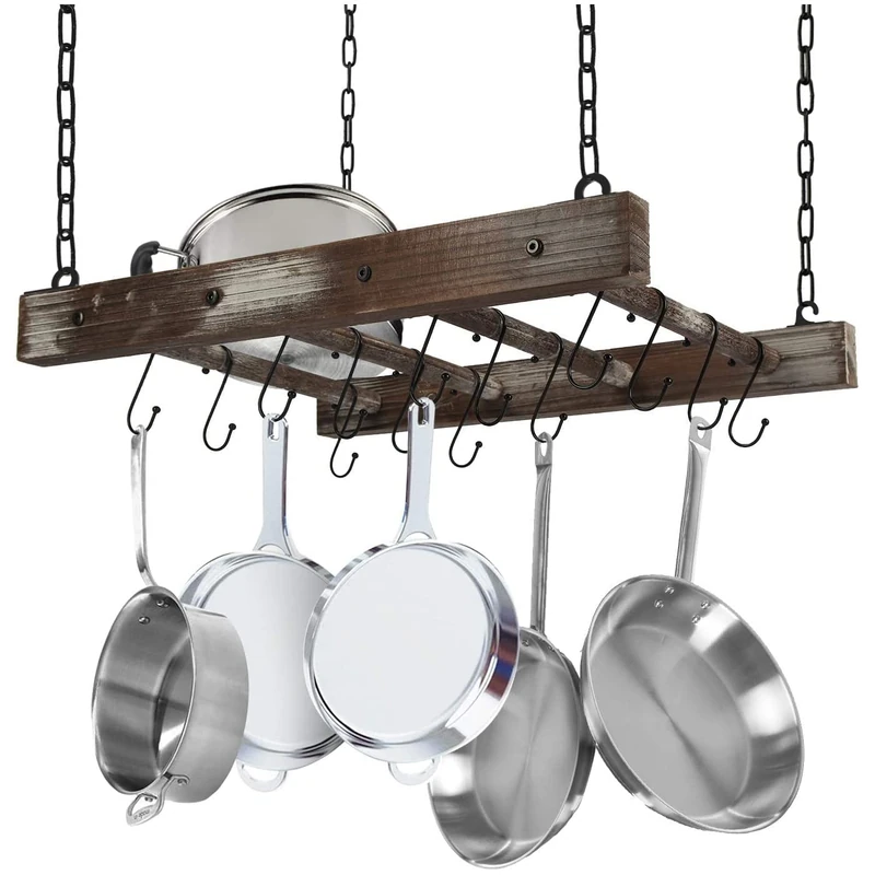 J JACKCUBE DESIGN Rustic Wood Pot Pan Rack Ceiling Mounted Hanger Multi- Purpose Wood and Metal Cookware Kitchen Storage Organizer With Utility 16 Hooks - MK603B - Image 1