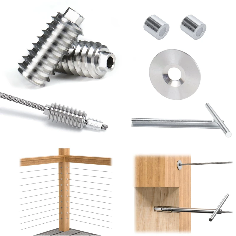 Muzata 20Pack 1/8" Invisible Cable Railing Kit Swage Lag Screw Cable Genie Tensioner Hidden T316 Stainless Steel for 4x4 6x6 8x8 Wood Posts Deck Stairs with Socket Wrench for 10 Cable Runs CR73