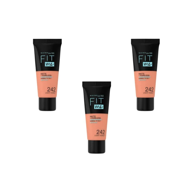 Maybelline New York Fit Me Matte & Poreless Foundation - 242 Light Honey, Pack of 3 (3 x 30ml)
