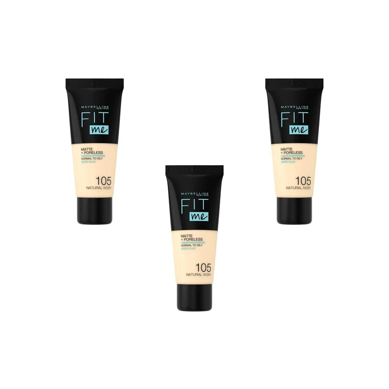 Maybelline New York Fit Me Matte & Poreless Foundation - 105 Natural Ivory, Pack of 3 (3 x 30ml)