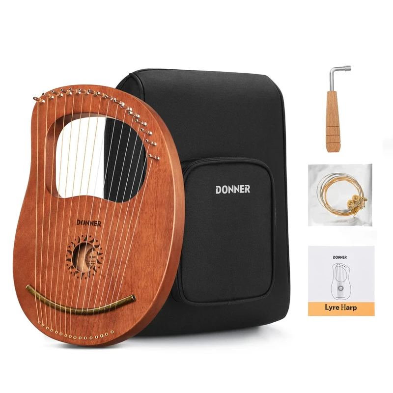 Donner Lyre Harp, 16 Metal Strings, Mahogany Body and Copper Saddle DLH-003 Lyre Harp with Tuning Wrench, Spare String Set, Gig Bag, Manual, Ancient Greece Style, Black, DLH-003