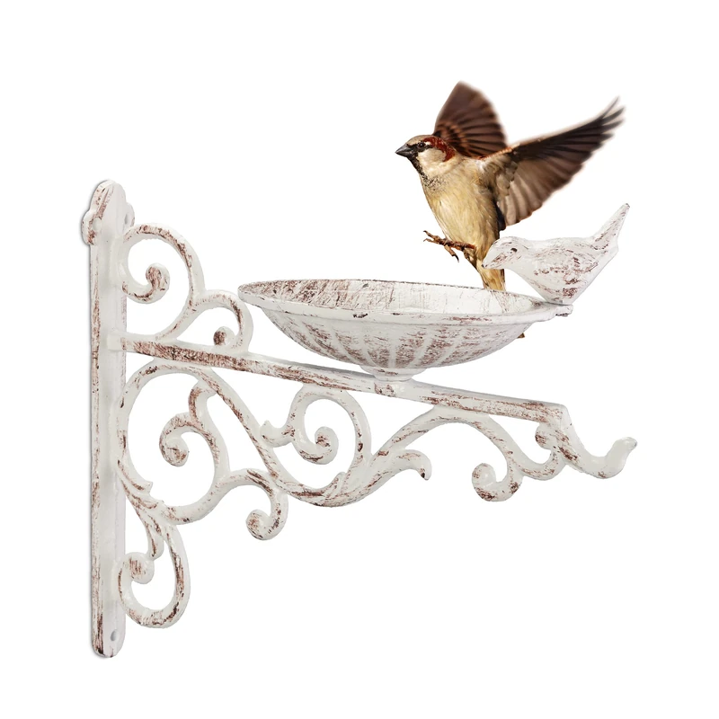Relaxdays Bird Bath, Water Bowl, Wall Mountable, Frost-Proof, H x W x D: 24 x 28 x 14 cm, Cast-Iron, White