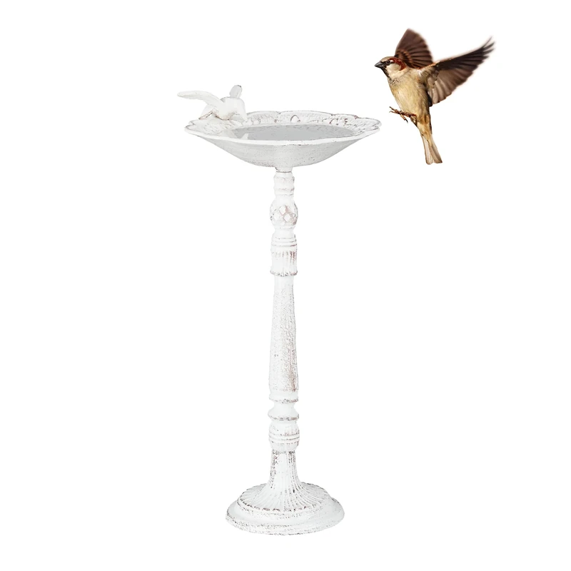 Relaxdays Bird Bath, Standing, Water Bowl, Frost-Proof, H x W x D: 40 x 20 x 18 cm, Cast-Iron, White
