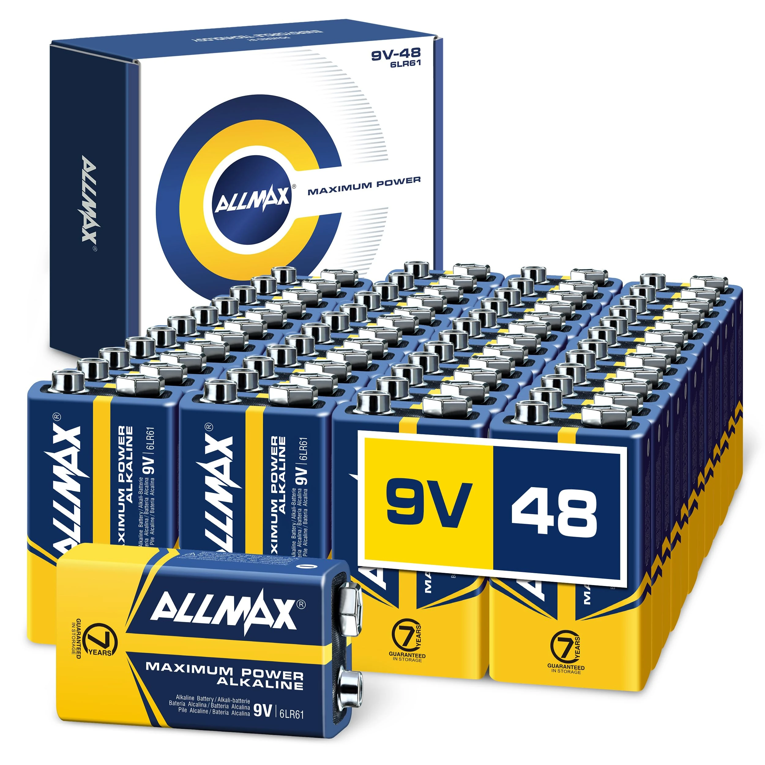 Allmax 9V (6LR61) Maximum Power Alkaline Batteries (48 Count) – Ultra Long-Lasting, Leakproof Design, 7-Year Shelf Life, Maximum Performance, Perfect for Smoke Detectors (9 Volt)