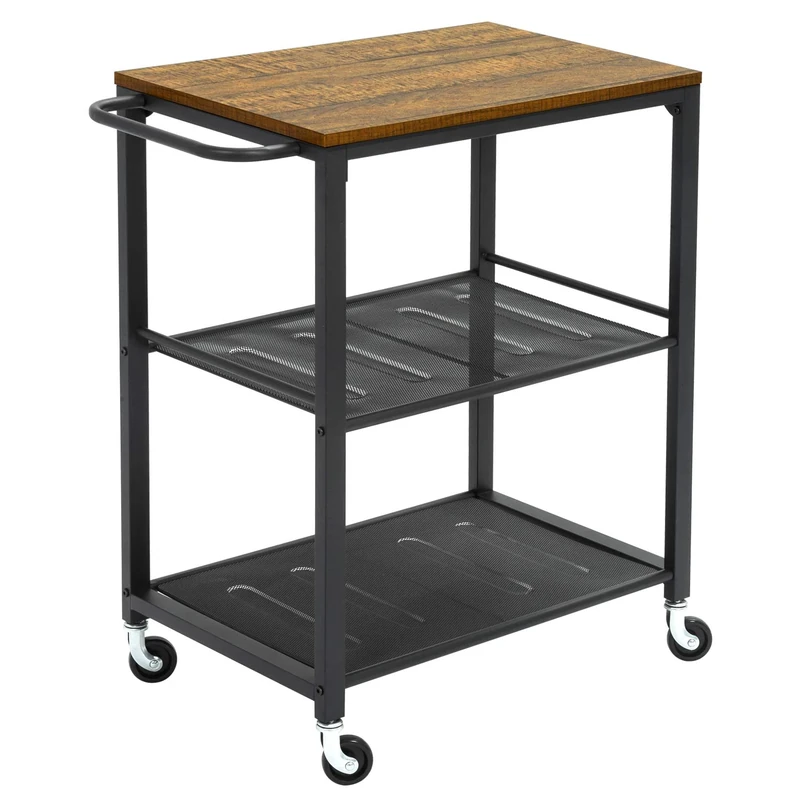 Meerveil Kitchen Trolley on Wheels, 3 Tier Serving Rolling Cart with Towel Rack and Storage Shelves, Industrial Style for Kitchen Dining Room Living Room, 60 x 40 x 77 cm, Rustic Brown and Black