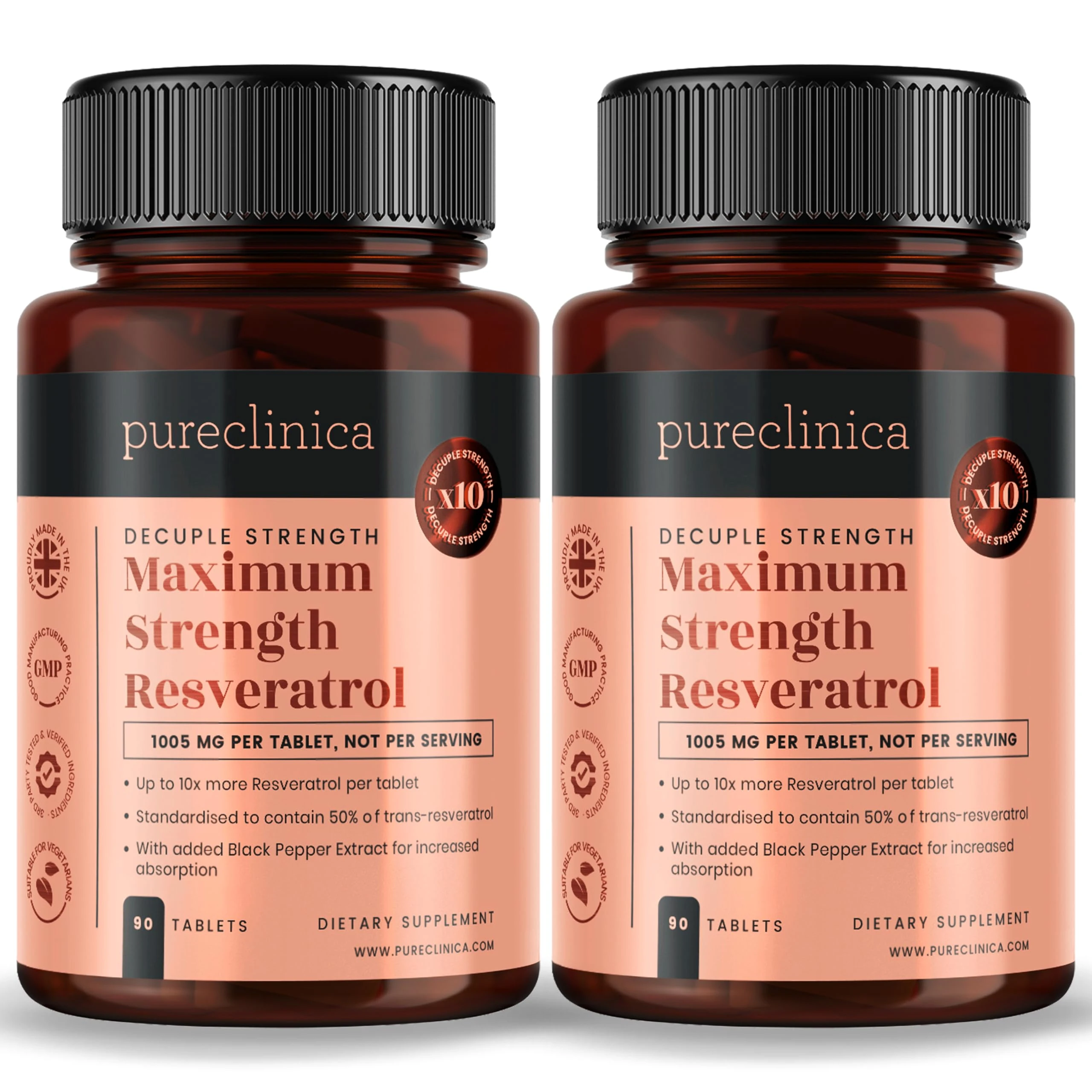 1000mg Resveratrol x 180 Tablets (2 Bottles of 90) - 6 Months’ Supply. 10 x Strength w/Black Pepper Extract