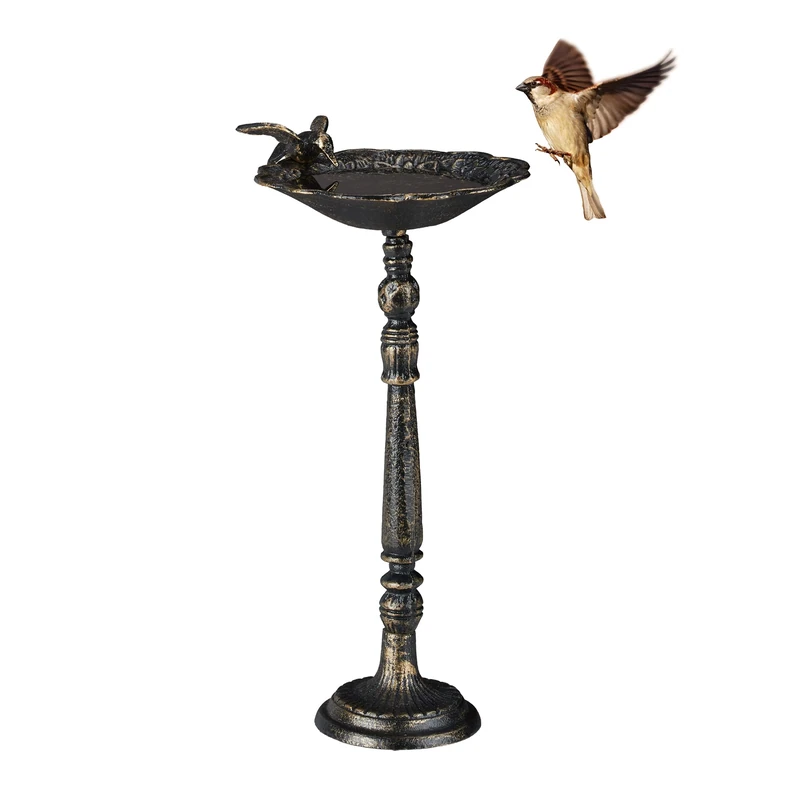 Relaxdays Bird Bath, Standing, Water Bowl, Frost-Proof, H x W x D: 40 x 20 x 18 cm, Cast-Iron, Bronze