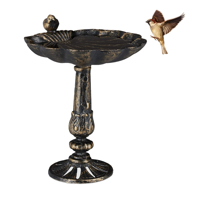 Relaxdays Bird Bath, Standing, Water Bowl, Frost-Proof, H x W x D: 24.5 x 22 x 18 cm, Cast-Iron, Bronze
