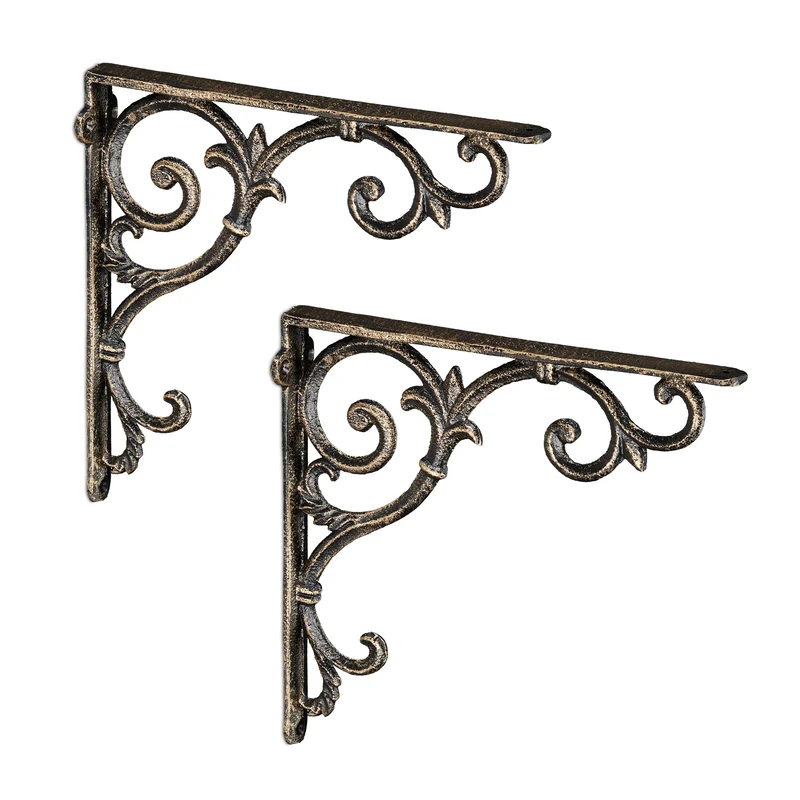 Relaxdays Set of 2 Shelf Brackets, Cast Iron, Rack Support, Vintage Motif, 24.5 x 4 x 24.5 cm, Angle for Shelves, Bronze